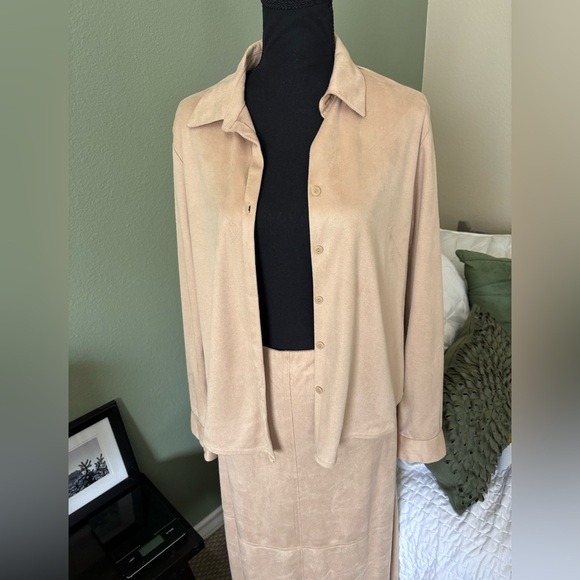 Finity 2 piece shirt dress faux suede khaki Large top & skirt long maxi dress - Picture 4 of 16